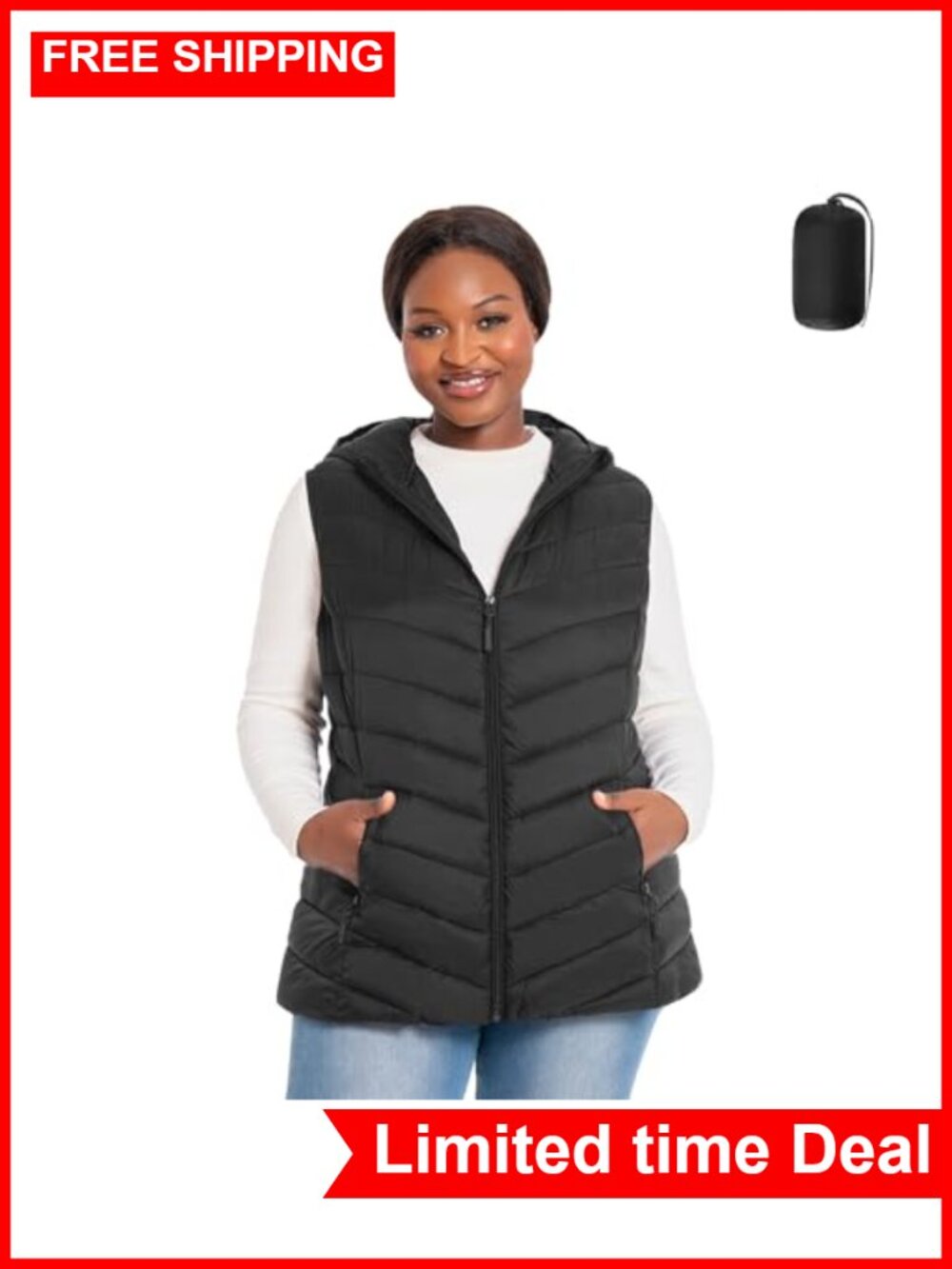 Womens Plus Size Packable Puffer Vest Hooded Quilted Lightweight Sleeveless
